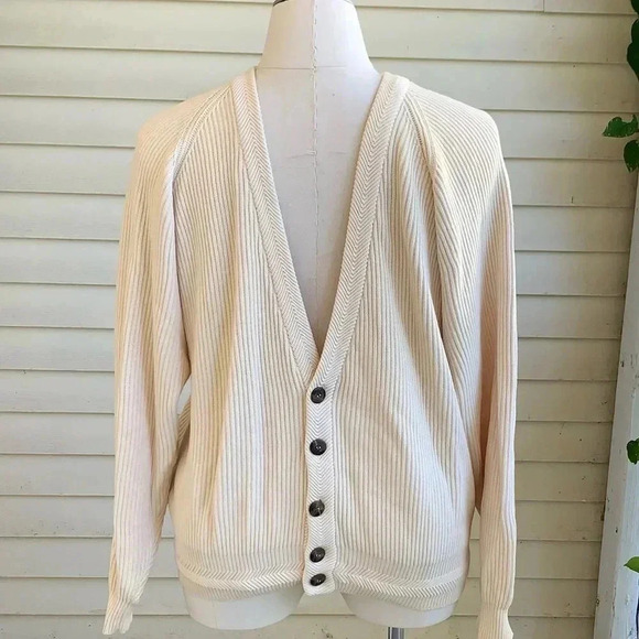 Cambridge Ribbed Knit Grandpa Cardigan Sweater Cream Baggy Dad XL Grunge Cobain - Picture 1 of 6